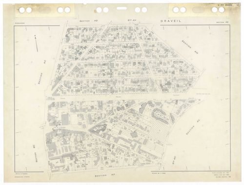 DRAVEIL, plans minutes de conservation : tableau d'assemblage,1967, Ech. 1/10000, tableau d'assemblage 1, 1967, Ech. 1/5000, tableau d'assemblage 2, 1967, Ech. 1/5000 ; plans des sections AD, AE, AH, AI, AK, AL, AM, AN, AO, AP, AR, AS, AT, AV, AW, AX, BC,