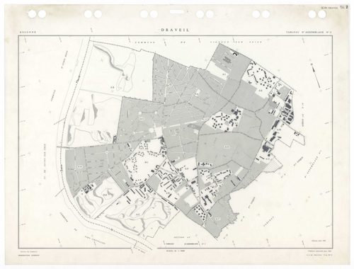 DRAVEIL, plans minutes de conservation : tableau d'assemblage,1967, Ech. 1/10000, tableau d'assemblage 1, 1967, Ech. 1/5000, tableau d'assemblage 2, 1967, Ech. 1/5000 ; plans des sections AD, AE, AH, AI, AK, AL, AM, AN, AO, AP, AR, AS, AT, AV, AW, AX, BC,