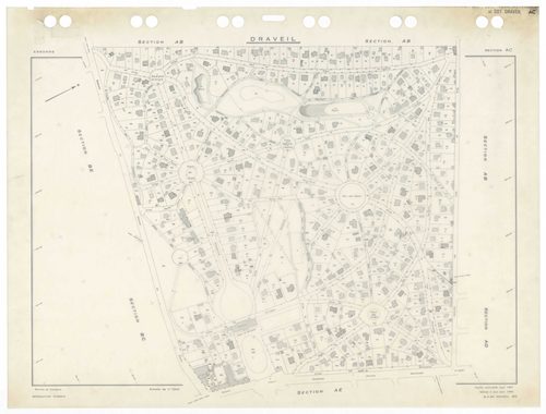 DRAVEIL, plans minutes de conservation : tableau d'assemblage,1967, Ech. 1/10000, tableau d'assemblage 1, 1967, Ech. 1/5000, tableau d'assemblage 2, 1967, Ech. 1/5000 ; plans des sections AD, AE, AH, AI, AK, AL, AM, AN, AO, AP, AR, AS, AT, AV, AW, AX, BC,