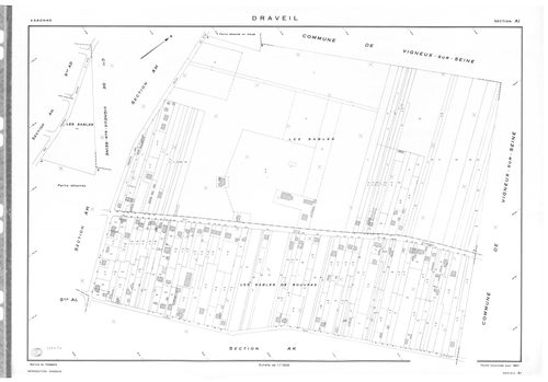 DRAVEIL.- Cadastre révisé pour 1967 : plan du tableau d'assemblage, plans de la section E, section F, section G, section H, section N ; cadastre renouvelé pour 1967 : plans de la section AB, section AC, section AD, section AE, section AH, section AI, sect