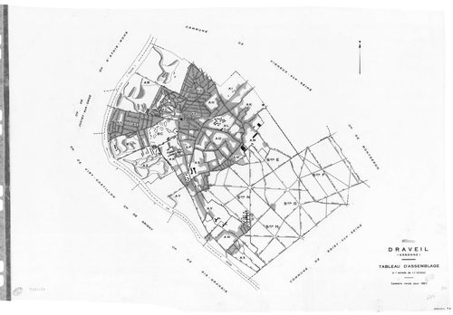 DRAVEIL.- Cadastre révisé pour 1967 : plan du tableau d'assemblage, plans de la section E, section F, section G, section H, section N ; cadastre renouvelé pour 1967 : plans de la section AB, section AC, section AD, section AE, section AH, section AI, sect