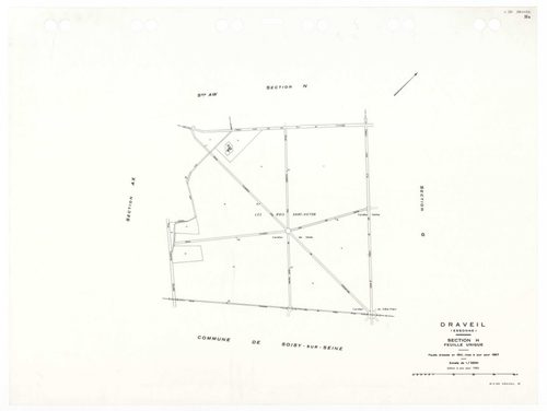 DRAVEIL, plans minutes de conservation : tableau d'assemblage,1967, Ech. 1/10000, tableau d'assemblage 1, 1967, Ech. 1/5000, tableau d'assemblage 2, 1967, Ech. 1/5000 ; plans des sections AD, AE, AH, AI, AK, AL, AM, AN, AO, AP, AR, AS, AT, AV, AW, AX, BC,