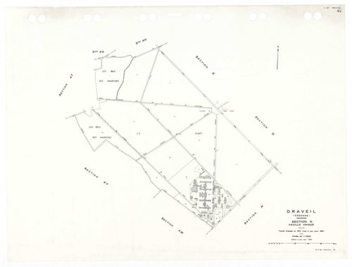 DRAVEIL, plans minutes de conservation : tableau d'assemblage,1967, Ech. 1/10000, tableau d'assemblage 1, 1967, Ech. 1/5000, tableau d'assemblage 2, 1967, Ech. 1/5000 ; plans des sections AD, AE, AH, AI, AK, AL, AM, AN, AO, AP, AR, AS, AT, AV, AW, AX, BC,