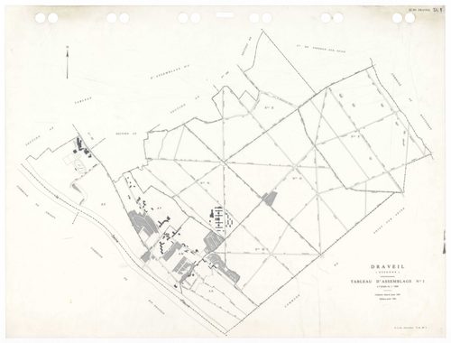 DRAVEIL, plans minutes de conservation : tableau d'assemblage,1967, Ech. 1/10000, tableau d'assemblage 1, 1967, Ech. 1/5000, tableau d'assemblage 2, 1967, Ech. 1/5000 ; plans des sections AD, AE, AH, AI, AK, AL, AM, AN, AO, AP, AR, AS, AT, AV, AW, AX, BC,