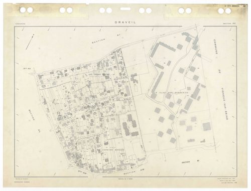 DRAVEIL, plans minutes de conservation : tableau d'assemblage,1967, Ech. 1/10000, tableau d'assemblage 1, 1967, Ech. 1/5000, tableau d'assemblage 2, 1967, Ech. 1/5000 ; plans des sections AD, AE, AH, AI, AK, AL, AM, AN, AO, AP, AR, AS, AT, AV, AW, AX, BC,
