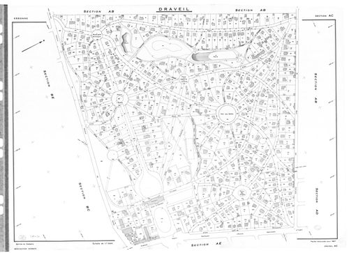 DRAVEIL.- Cadastre révisé pour 1967 : plan du tableau d'assemblage, plans de la section E, section F, section G, section H, section N ; cadastre renouvelé pour 1967 : plans de la section AB, section AC, section AD, section AE, section AH, section AI, sect