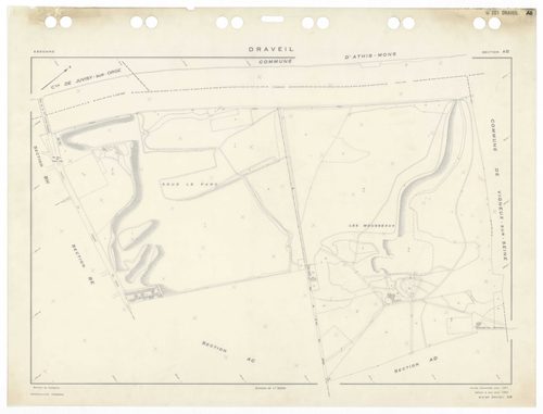 DRAVEIL, plans minutes de conservation : tableau d'assemblage,1967, Ech. 1/10000, tableau d'assemblage 1, 1967, Ech. 1/5000, tableau d'assemblage 2, 1967, Ech. 1/5000 ; plans des sections AD, AE, AH, AI, AK, AL, AM, AN, AO, AP, AR, AS, AT, AV, AW, AX, BC,