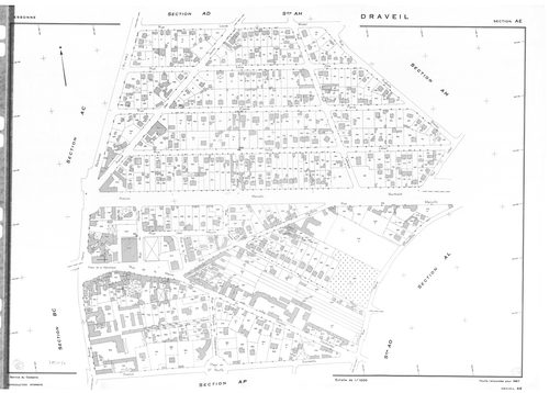 DRAVEIL.- Cadastre révisé pour 1967 : plan du tableau d'assemblage, plans de la section E, section F, section G, section H, section N ; cadastre renouvelé pour 1967 : plans de la section AB, section AC, section AD, section AE, section AH, section AI, sect