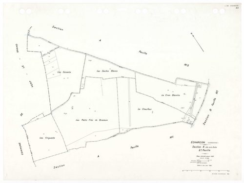 ECHARCON, plans minutes de conservation : tableau d'assemblage,1937, Ech. 1/10000 ; plans des sections A1, A2, A3, B1, B2, B3, 1937, Ech. 1/2500. Polyester. N et B. Dim. 105 x 80 cm [7 plans]. 