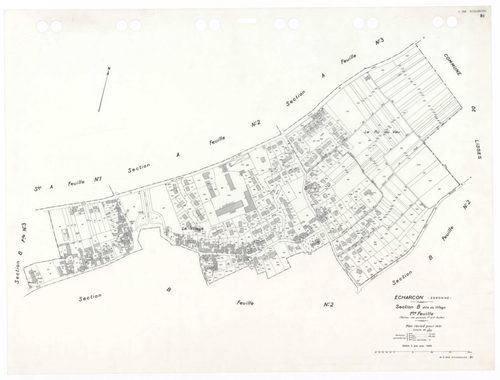 ECHARCON, plans minutes de conservation : tableau d'assemblage,1937, Ech. 1/10000 ; plans des sections A1, A2, A3, B1, B2, B3, 1937, Ech. 1/2500. Polyester. N et B. Dim. 105 x 80 cm [7 plans]. 