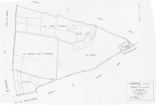 ECHARCON .- Cadastre révisé pour 1937 : plan du tableau d'assemblage, plans de la section A la Butte 1ère feuille, idem 2ème feuille, idem 3ème feuille, section B le Village 1ère feuille, idem 2ème feuille, idem 3ème feuille, [7 plans]. 