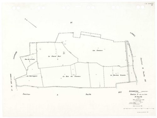ECHARCON, plans minutes de conservation : tableau d'assemblage,1937, Ech. 1/10000 ; plans des sections A1, A2, A3, B1, B2, B3, 1937, Ech. 1/2500. Polyester. N et B. Dim. 105 x 80 cm [7 plans]. 