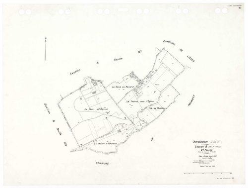 ECHARCON, plans minutes de conservation : tableau d'assemblage,1937, Ech. 1/10000 ; plans des sections A1, A2, A3, B1, B2, B3, 1937, Ech. 1/2500. Polyester. N et B. Dim. 105 x 80 cm [7 plans]. 