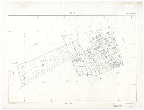 EGLY, plans minutes de conservation : tableau d'assemblage,1934, Ech. 1/5000 ; plans des sections A2, B4, 1934, Ech. 1/2500, sections B1, B2, B3, B4, 1934, Ech. 1/1250, sections AD, AH, 1990, Ech. 1/1000, section ZA, 1995, Ech. 1/1000, sections AA, AB, AC