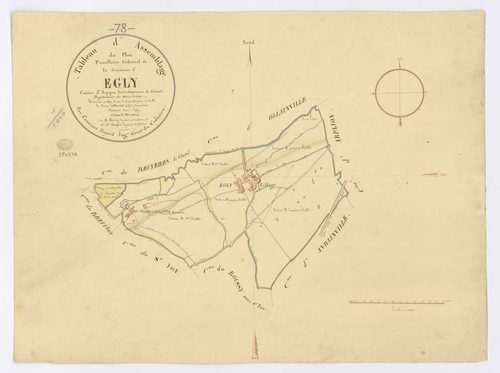EGLY. - Plan d'assemblage, ech. 1/10000, coul., aquarelle, papier, 49x65 (1820). 