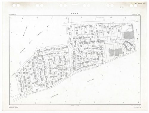 EGLY, plans minutes de conservation : tableau d'assemblage,1934, Ech. 1/5000 ; plans des sections A2, B4, 1934, Ech. 1/2500, sections B1, B2, B3, B4, 1934, Ech. 1/1250, sections AD, AH, 1990, Ech. 1/1000, section ZA, 1995, Ech. 1/1000, sections AA, AB, AC