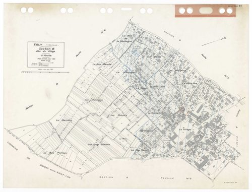EGLY, plans minutes de conservation : tableau d'assemblage,1934, Ech. 1/5000 ; plans des sections A2, B4, 1934, Ech. 1/2500, sections B1, B2, B3, B4, 1934, Ech. 1/1250, sections AD, AH, 1990, Ech. 1/1000, section ZA, 1995, Ech. 1/1000, sections AA, AB, AC