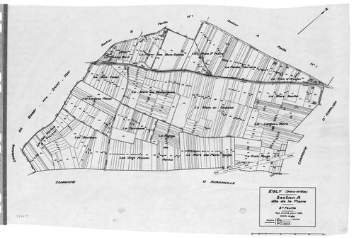 EGLY.- Cadastre révisé pour 1934 : plan du tableau d'assemblage, plans de la section A la Plaine 1ère feuille, idem 2ème feuille, section B le Village 1ère feuille, idem 2ème feuille, idem 3ème feuille, idem 4ème feuille ; cadastre révisé pour 1934 mis à 