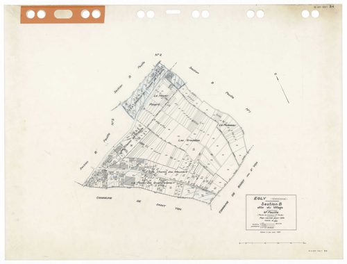 EGLY, plans minutes de conservation : tableau d'assemblage,1934, Ech. 1/5000 ; plans des sections A2, B4, 1934, Ech. 1/2500, sections B1, B2, B3, B4, 1934, Ech. 1/1250, sections AD, AH, 1990, Ech. 1/1000, section ZA, 1995, Ech. 1/1000, sections AA, AB, AC