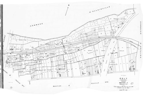 EGLY.- Cadastre révisé pour 1934 : plan du tableau d'assemblage, plans de la section A la Plaine 1ère feuille, idem 2ème feuille, section B le Village 1ère feuille, idem 2ème feuille, idem 3ème feuille, idem 4ème feuille ; cadastre révisé pour 1934 mis à 