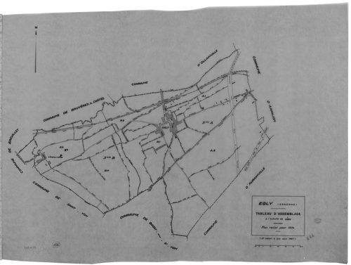 EGLY.- Cadastre révisé pour 1934 : plan du tableau d'assemblage, plans de la section A la Plaine 1ère feuille, idem 2ème feuille, section B le Village 1ère feuille, idem 2ème feuille, idem 3ème feuille, idem 4ème feuille ; cadastre révisé pour 1934 mis à 