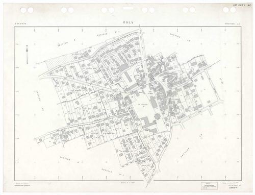 EGLY, plans minutes de conservation : tableau d'assemblage,1934, Ech. 1/5000 ; plans des sections A2, B4, 1934, Ech. 1/2500, sections B1, B2, B3, B4, 1934, Ech. 1/1250, sections AD, AH, 1990, Ech. 1/1000, section ZA, 1995, Ech. 1/1000, sections AA, AB, AC