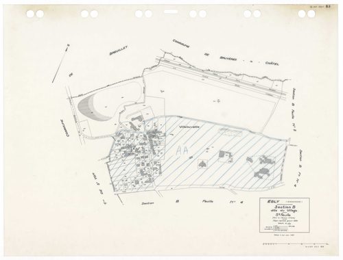 EGLY, plans minutes de conservation : tableau d'assemblage,1934, Ech. 1/5000 ; plans des sections A2, B4, 1934, Ech. 1/2500, sections B1, B2, B3, B4, 1934, Ech. 1/1250, sections AD, AH, 1990, Ech. 1/1000, section ZA, 1995, Ech. 1/1000, sections AA, AB, AC