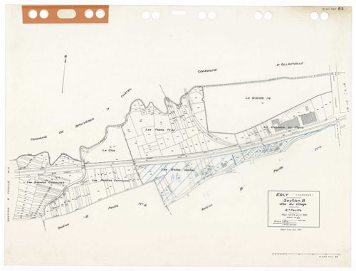 EGLY, plans minutes de conservation : tableau d'assemblage,1934, Ech. 1/5000 ; plans des sections A2, B4, 1934, Ech. 1/2500, sections B1, B2, B3, B4, 1934, Ech. 1/1250, sections AD, AH, 1990, Ech. 1/1000, section ZA, 1995, Ech. 1/1000, sections AA, AB, AC
