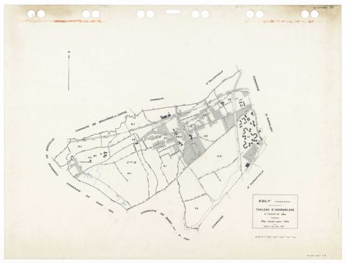 EGLY, plans minutes de conservation : tableau d'assemblage,1934, Ech. 1/5000 ; plans des sections A2, B4, 1934, Ech. 1/2500, sections B1, B2, B3, B4, 1934, Ech. 1/1250, sections AD, AH, 1990, Ech. 1/1000, section ZA, 1995, Ech. 1/1000, sections AA, AB, AC