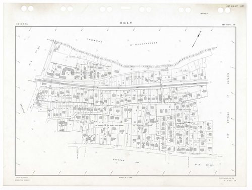 EGLY, plans minutes de conservation : tableau d'assemblage,1934, Ech. 1/5000 ; plans des sections A2, B4, 1934, Ech. 1/2500, sections B1, B2, B3, B4, 1934, Ech. 1/1250, sections AD, AH, 1990, Ech. 1/1000, section ZA, 1995, Ech. 1/1000, sections AA, AB, AC