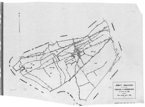 EGLY.- Cadastre révisé pour 1934 : plan du tableau d'assemblage, plans de la section A la Plaine 1ère feuille, idem 2ème feuille, section B le Village 1ère feuille, idem 2ème feuille, idem 3ème feuille, idem 4ème feuille ; cadastre révisé pour 1934 mis à 
