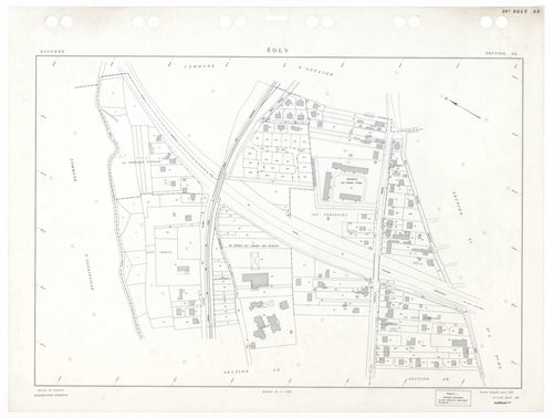 EGLY, plans minutes de conservation : tableau d'assemblage,1934, Ech. 1/5000 ; plans des sections A2, B4, 1934, Ech. 1/2500, sections B1, B2, B3, B4, 1934, Ech. 1/1250, sections AD, AH, 1990, Ech. 1/1000, section ZA, 1995, Ech. 1/1000, sections AA, AB, AC