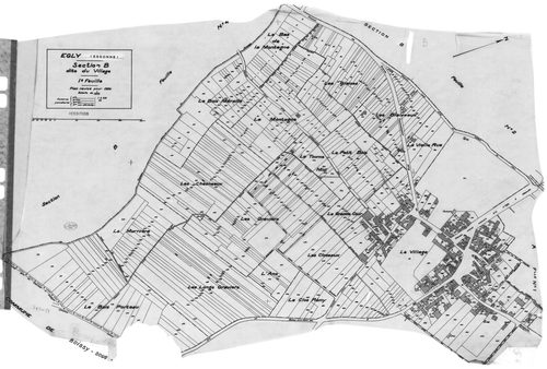 EGLY.- Cadastre révisé pour 1934 : plan du tableau d'assemblage, plans de la section A la Plaine 1ère feuille, idem 2ème feuille, section B le Village 1ère feuille, idem 2ème feuille, idem 3ème feuille, idem 4ème feuille ; cadastre révisé pour 1934 mis à 