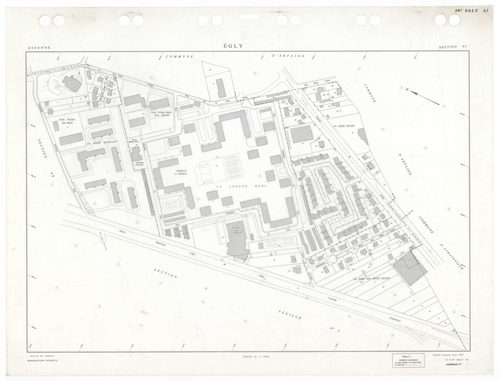 EGLY, plans minutes de conservation : tableau d'assemblage,1934, Ech. 1/5000 ; plans des sections A2, B4, 1934, Ech. 1/2500, sections B1, B2, B3, B4, 1934, Ech. 1/1250, sections AD, AH, 1990, Ech. 1/1000, section ZA, 1995, Ech. 1/1000, sections AA, AB, AC