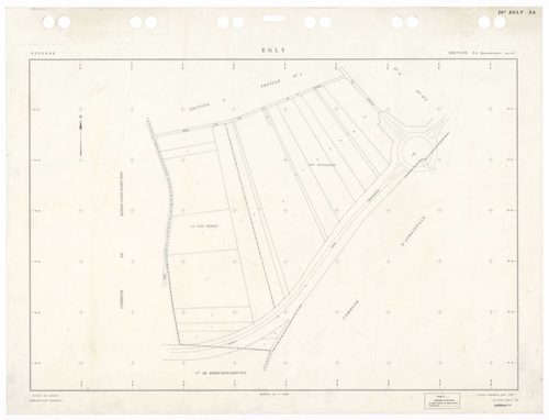 EGLY, plans minutes de conservation : tableau d'assemblage,1934, Ech. 1/5000 ; plans des sections A2, B4, 1934, Ech. 1/2500, sections B1, B2, B3, B4, 1934, Ech. 1/1250, sections AD, AH, 1990, Ech. 1/1000, section ZA, 1995, Ech. 1/1000, sections AA, AB, AC