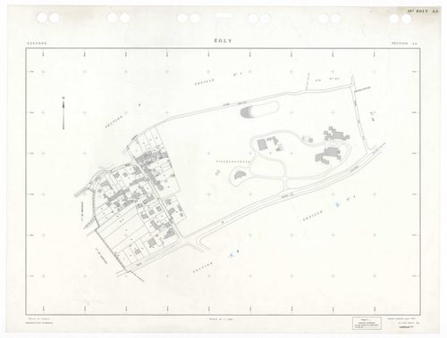 EGLY, plans minutes de conservation : tableau d'assemblage,1934, Ech. 1/5000 ; plans des sections A2, B4, 1934, Ech. 1/2500, sections B1, B2, B3, B4, 1934, Ech. 1/1250, sections AD, AH, 1990, Ech. 1/1000, section ZA, 1995, Ech. 1/1000, sections AA, AB, AC