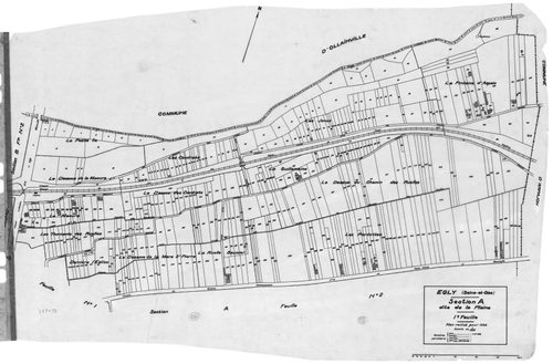 EGLY.- Cadastre révisé pour 1934 : plan du tableau d'assemblage, plans de la section A la Plaine 1ère feuille, idem 2ème feuille, section B le Village 1ère feuille, idem 2ème feuille, idem 3ème feuille, idem 4ème feuille ; cadastre révisé pour 1934 mis à 