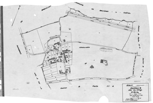 EGLY.- Cadastre révisé pour 1934 : plan du tableau d'assemblage, plans de la section A la Plaine 1ère feuille, idem 2ème feuille, section B le Village 1ère feuille, idem 2ème feuille, idem 3ème feuille, idem 4ème feuille ; cadastre révisé pour 1934 mis à 