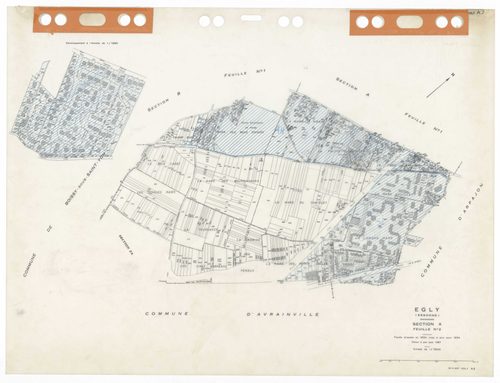 EGLY, plans minutes de conservation : tableau d'assemblage,1934, Ech. 1/5000 ; plans des sections A2, B4, 1934, Ech. 1/2500, sections B1, B2, B3, B4, 1934, Ech. 1/1250, sections AD, AH, 1990, Ech. 1/1000, section ZA, 1995, Ech. 1/1000, sections AA, AB, AC