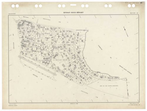 EPINAY-SOUS-SENART, plans minutes de conservation : tableau d'assemblage,1985, Ech. 1/5000 ; plans des sections AA, AB, AC, AD, AE, AH, AI, AK, AL, 1985, Ech. 1/1000, section Cu, 1935, Ech. 1/2500. Polyester. N et B. Dim. 105 x 80 cm [11 plans]. 
