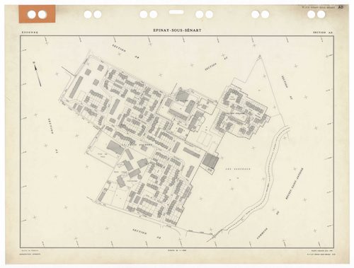 EPINAY-SOUS-SENART, plans minutes de conservation : tableau d'assemblage,1985, Ech. 1/5000 ; plans des sections AA, AB, AC, AD, AE, AH, AI, AK, AL, 1985, Ech. 1/1000, section Cu, 1935, Ech. 1/2500. Polyester. N et B. Dim. 105 x 80 cm [11 plans]. 