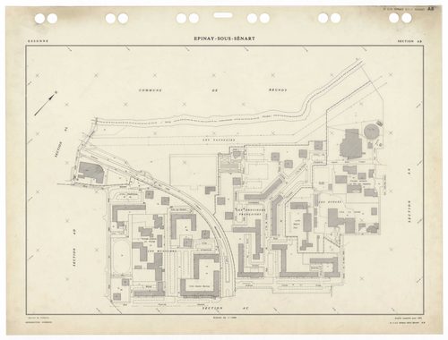 EPINAY-SOUS-SENART, plans minutes de conservation : tableau d'assemblage,1985, Ech. 1/5000 ; plans des sections AA, AB, AC, AD, AE, AH, AI, AK, AL, 1985, Ech. 1/1000, section Cu, 1935, Ech. 1/2500. Polyester. N et B. Dim. 105 x 80 cm [11 plans]. 