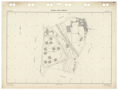 EPINAY-SOUS-SENART, plans minutes de conservation : tableau d'assemblage,1985, Ech. 1/5000 ; plans des sections AA, AB, AC, AD, AE, AH, AI, AK, AL, 1985, Ech. 1/1000, section Cu, 1935, Ech. 1/2500. Polyester. N et B. Dim. 105 x 80 cm [11 plans]. 