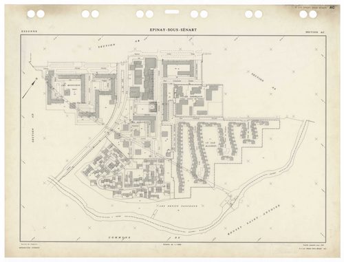 EPINAY-SOUS-SENART, plans minutes de conservation : tableau d'assemblage,1985, Ech. 1/5000 ; plans des sections AA, AB, AC, AD, AE, AH, AI, AK, AL, 1985, Ech. 1/1000, section Cu, 1935, Ech. 1/2500. Polyester. N et B. Dim. 105 x 80 cm [11 plans]. 