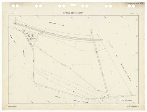 EPINAY-SOUS-SENART, plans minutes de conservation : tableau d'assemblage,1985, Ech. 1/5000 ; plans des sections AA, AB, AC, AD, AE, AH, AI, AK, AL, 1985, Ech. 1/1000, section Cu, 1935, Ech. 1/2500. Polyester. N et B. Dim. 105 x 80 cm [11 plans]. 