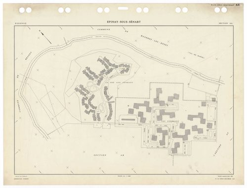 EPINAY-SOUS-SENART, plans minutes de conservation : tableau d'assemblage,1985, Ech. 1/5000 ; plans des sections AA, AB, AC, AD, AE, AH, AI, AK, AL, 1985, Ech. 1/1000, section Cu, 1935, Ech. 1/2500. Polyester. N et B. Dim. 105 x 80 cm [11 plans]. 