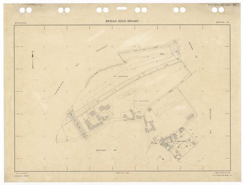 EPINAY-SOUS-SENART, plans minutes de conservation : tableau d'assemblage,1985, Ech. 1/5000 ; plans des sections AA, AB, AC, AD, AE, AH, AI, AK, AL, 1985, Ech. 1/1000, section Cu, 1935, Ech. 1/2500. Polyester. N et B. Dim. 105 x 80 cm [11 plans]. 