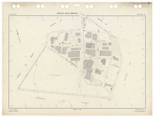 EPINAY-SOUS-SENART, plans minutes de conservation : tableau d'assemblage,1985, Ech. 1/5000 ; plans des sections AA, AB, AC, AD, AE, AH, AI, AK, AL, 1985, Ech. 1/1000, section Cu, 1935, Ech. 1/2500. Polyester. N et B. Dim. 105 x 80 cm [11 plans]. 