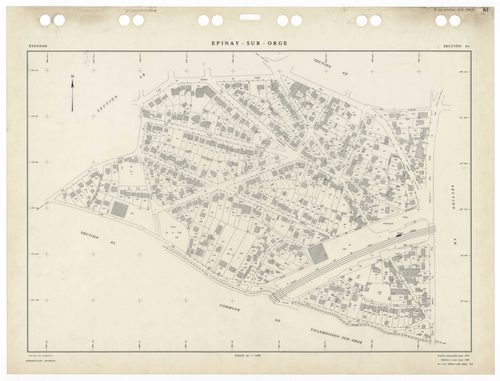 EPINAY-SUR-ORGE, plans minutes de conservation : tableau d'assemblage,1957, Ech. 1/5000 ; plans des sections AB, AM, ZE, 1957, Ech. 1/2000, sections AC, AD, AE, AI, AK, AL, AN, AO, ZB, ZD, 1957, Ech. 1/1000, section AP, 1962, Ech. 1/1000, section AR, 2002