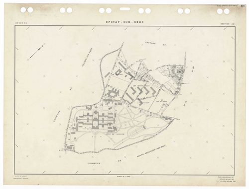 EPINAY-SUR-ORGE, plans minutes de conservation : tableau d'assemblage,1957, Ech. 1/5000 ; plans des sections AB, AM, ZE, 1957, Ech. 1/2000, sections AC, AD, AE, AI, AK, AL, AN, AO, ZB, ZD, 1957, Ech. 1/1000, section AP, 1962, Ech. 1/1000, section AR, 2002